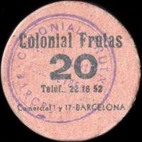 Carton-monnaie 20 centimos - Colonial Frutas - Telf. 22.16.52 - Comercial 1 y 17 - Barcelona - Espagne - avers