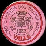 Carton moneda Valls - 1937 - 5 centimos - timbre-monnaie de fantaisie - Espagne - avers