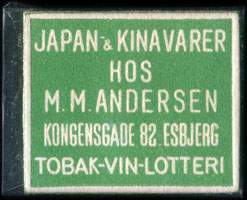 Timbre-monnaie Japan & Kina varer hos M. M. Andersen Kongensgade 82. Esbjerg - Tobak-Vin-Lotteri - 1 øre sur fond vert - Danemark